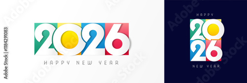 Happy New Year 2026 colorful truncated number logo design. Decorative graphic 2026 sign for greeting cards and seasonal holiday calendars. Vector illustration