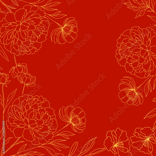 Floral background. Yellow line art flowers on a red background. Minimalist and modern botanical design. For wallpapers, invitations. Posters or banners, product labels, brochures, flyers, home decor