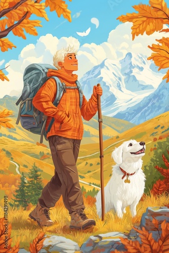 Wool felt style illustration of a young man hiking with his white dog on a vibrant autumn grassland. Close-up of expressions, bright colors, rich details.  photo