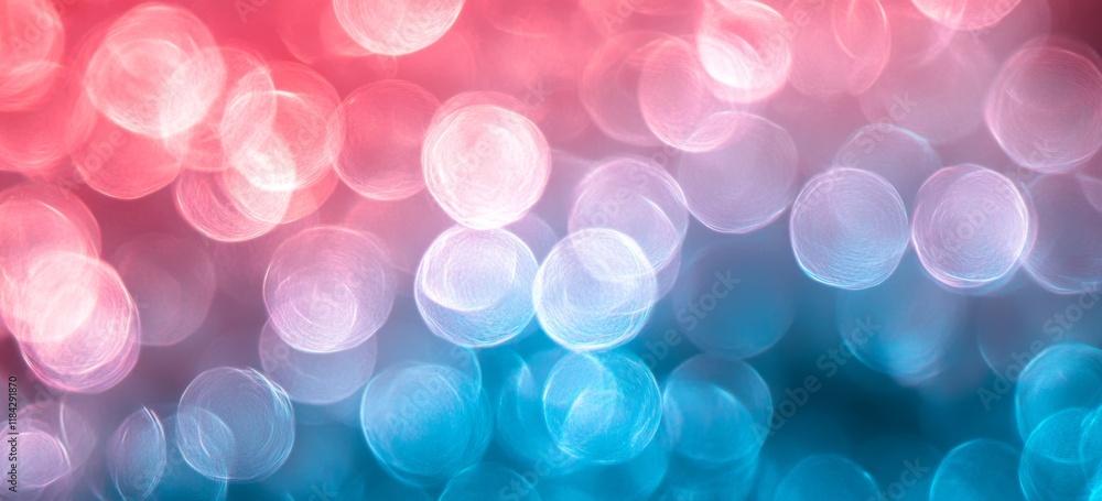 Abstract background with blurred, circular rings of pink and blue colors and grainy texture.