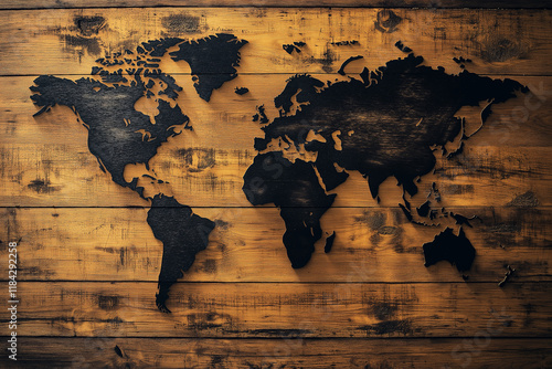 World map on wooden texture. generative AI
