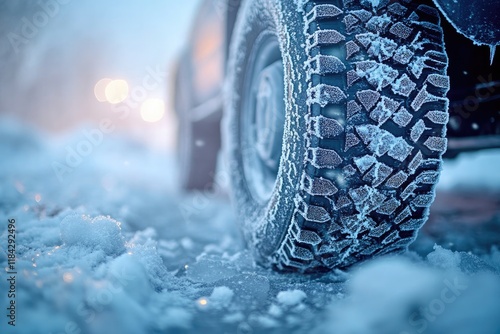 close-up of tire treads gripping icy terrain with delicate snowflakes sparkling in soft morning light photo