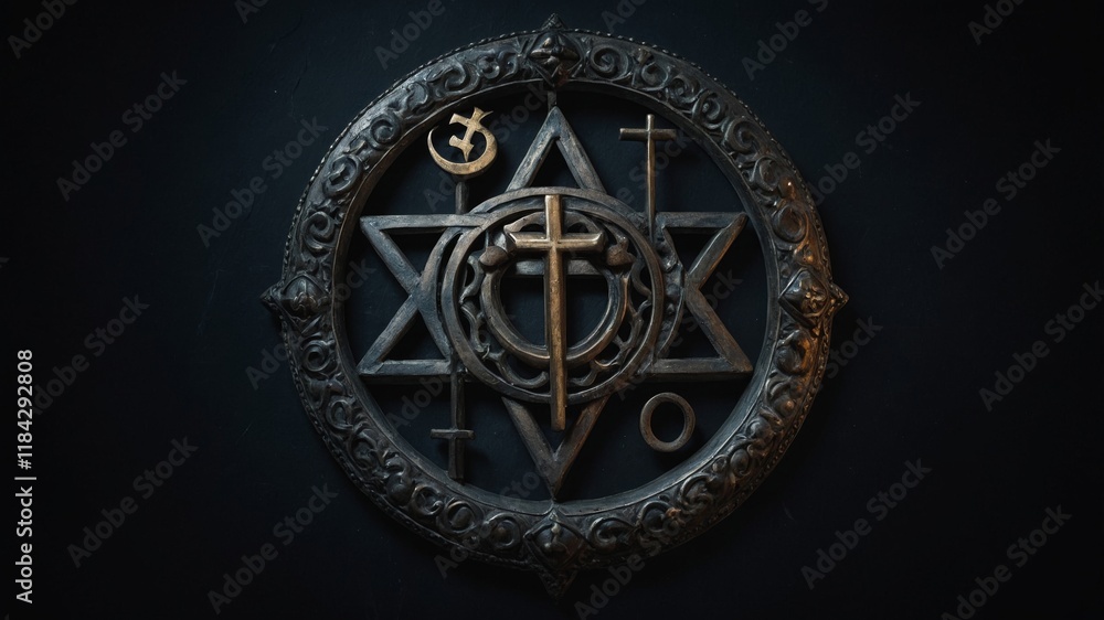 Obraz premium A single religious symbol, such as a glowing Christian cross, an Islamic crescent moon, a Jewish Star of David, or a Hindu Om symbol, centered on a dark, textured background.