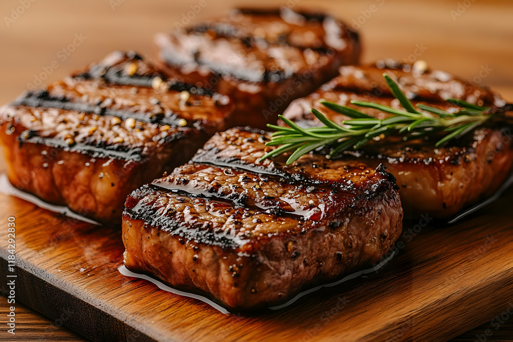 Close-up of four grilled steaks on wooden board, seasoned with rosemary Close-up of four grilled steaks on wooden board, seasoned with rosemary