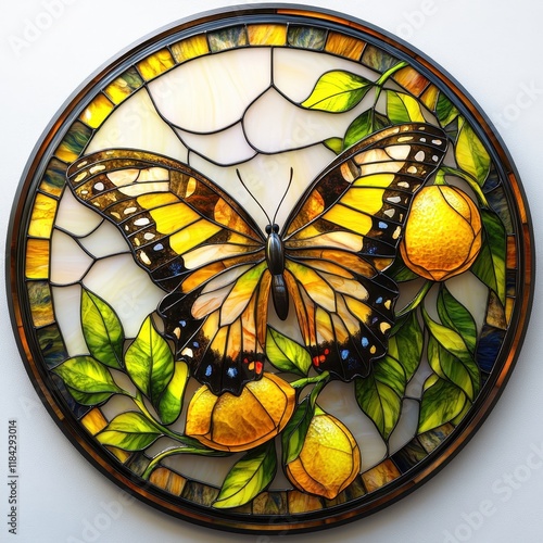 ** Vibrant Stained Glass Art Featuring a Butterfly and Lemons in a Circular Design with Rich Colors and Intricate Details..**