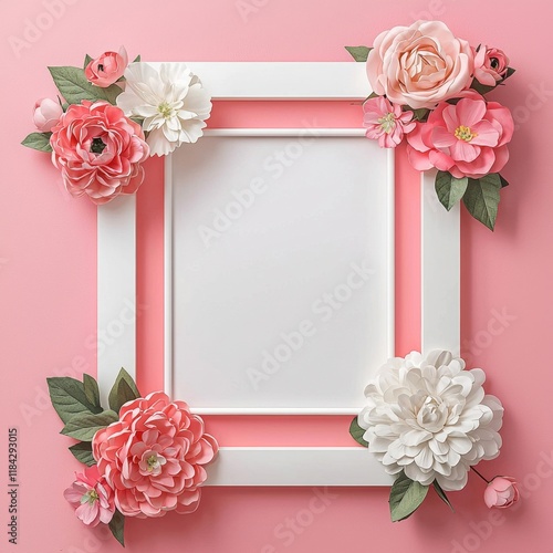 Floral themed photo frame mock up concept. Floral frame on pink background for decorative displays or invitations