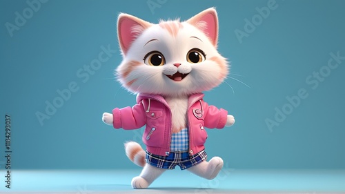 Adorable Kitten in Pink Jacket: A Cheerful 3D Render