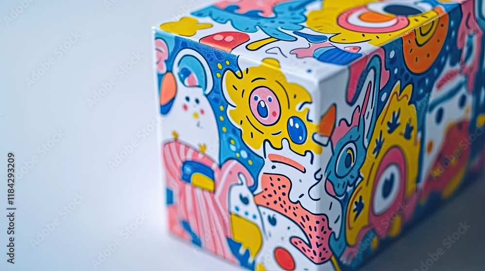 Fototapeta premium close-up view of colorful kids milk carton with playful designs photographed on solid white backdrop with ample copy