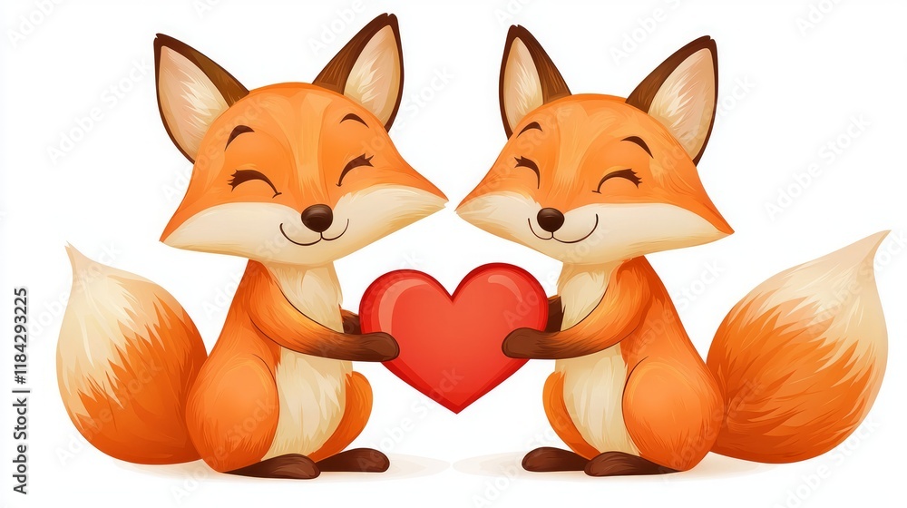 Obraz premium Valentine animal companion heartwarming symbolic friendly. Two cheerful foxes hold a red heart, symbolizing love and companionship in a cute and playful style.