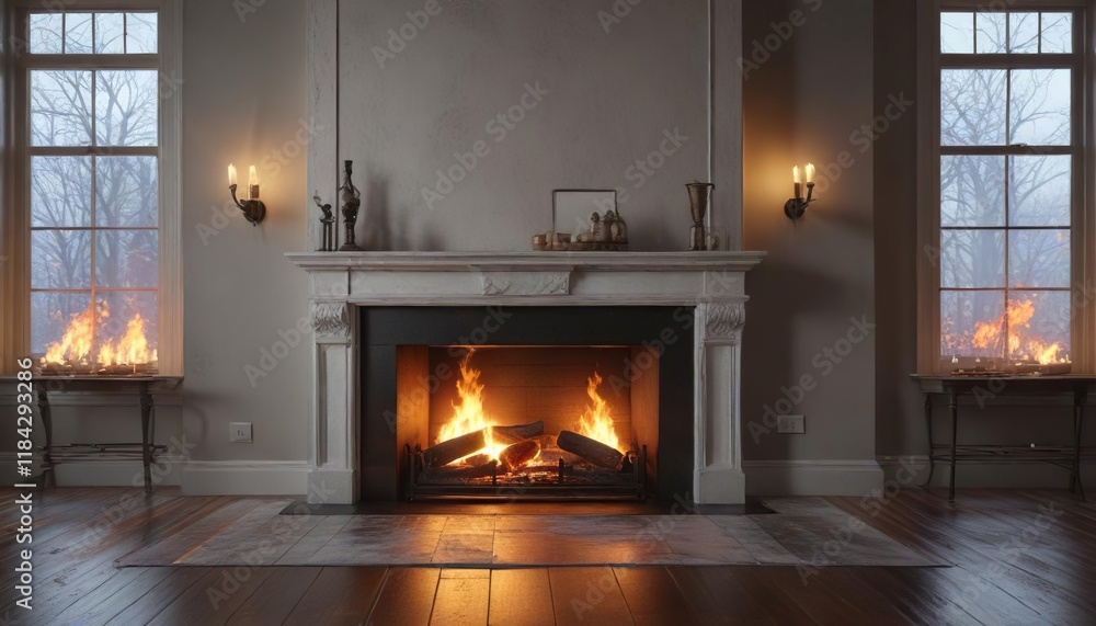 Frosty windowpanes reflect the dancing flames of the fireplace, serene atmosphere, icy calmness Frosty windowpanes reflect the dancing flames of the fireplace, serene atmosphere, icy calmness