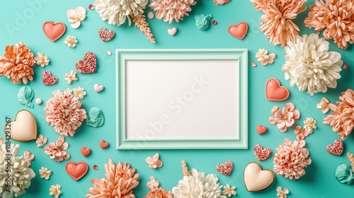 Floral themed photo frame mock up concept. Floral frame with hearts on a turquoise background for creative displays