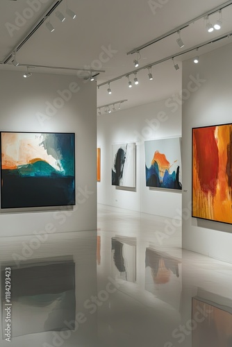 contemporary art gallery illuminated by track lighting with abstract paintings creating focal points on white walls