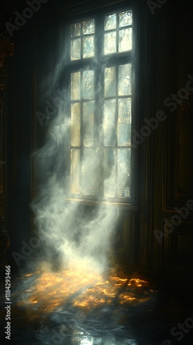 A mysterious room with a smoky window and glowing floor
