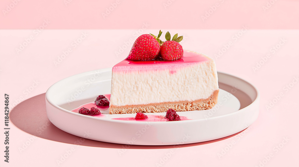 A slice of cheesecake with berries on plate, on pastel background, premium and style, design with empty space, bakery composition A slice of cheesecake with berries on plate, on pastel background, premium and style, design with empty space, bakery composition