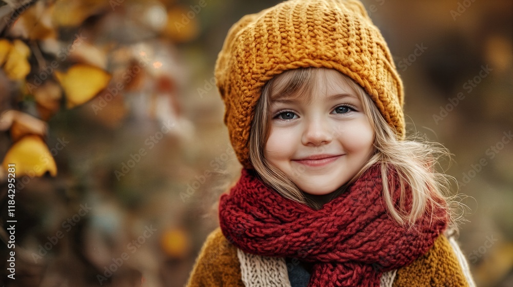 A young girl in a golden knit hat, deep red scarf, and cozy autumn attire beams against a backdrop of falling leaves. The warm hues and rustic textures radiate seasonal charm A young girl in a golden knit hat, deep red scarf, and cozy autumn attire beams against a backdrop of falling leaves. The warm hues and rustic textures radiate seasonal charm