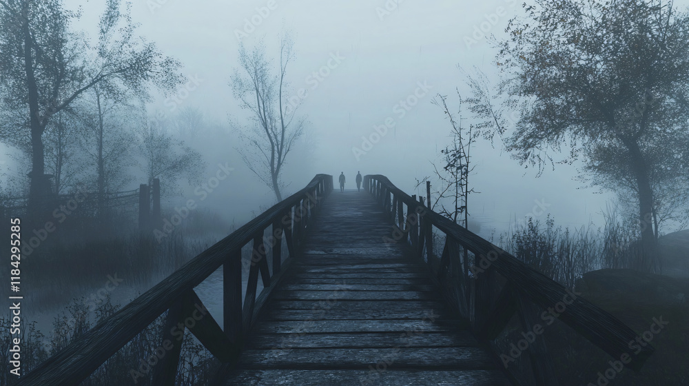 A fog-covered bridge where faint apparitions walk endlessly toward the other side, never reaching their destination. A fog-covered bridge where faint apparitions walk endlessly toward the other side, never reaching their destination.
