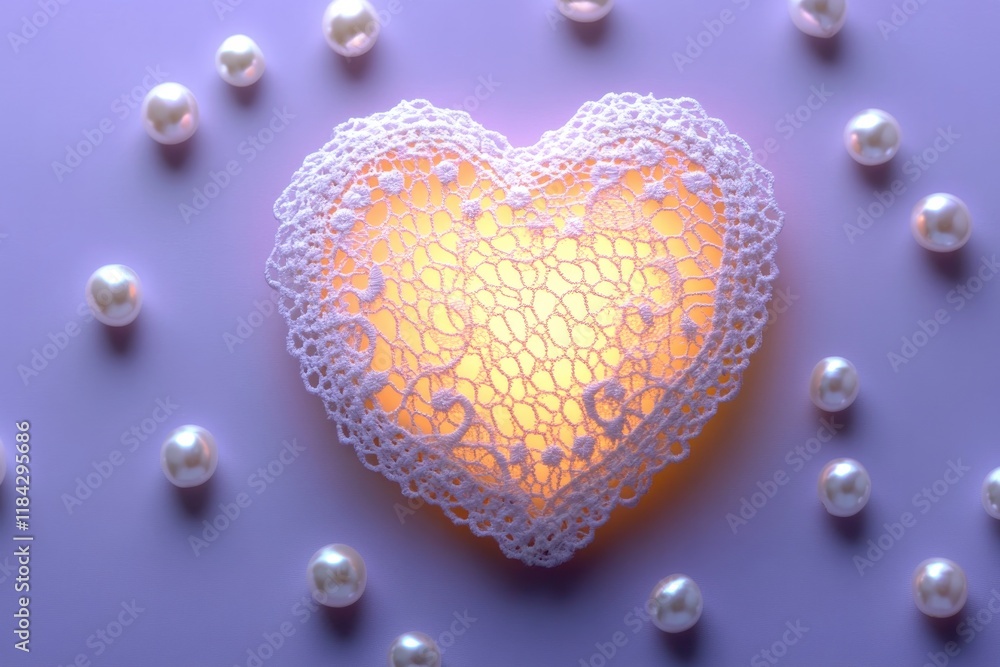 Fototapeta premium delicate lace heart glowing softly on lavender background surrounded by scattered pearls