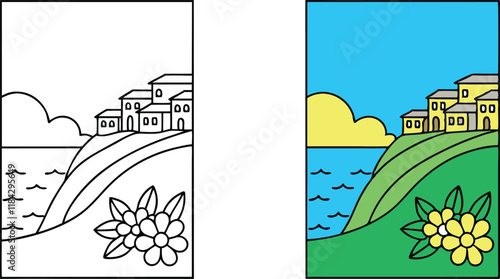 Coastal Village Coloring Page Line Art, Seaside Town, Hillside Homes