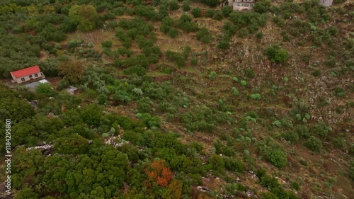 Aerial view of picturesque village with traditional stone houses and lush greenery, Lagkada, Peloponnese, Greece. photo