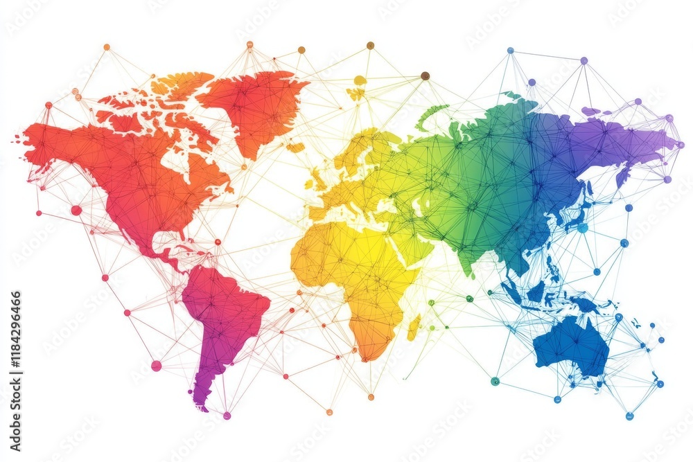 Fototapeta premium Abstract world map with colorful global network connections. Vector illustration on a white background, flat color style, simple line drawing using rainbow colors.