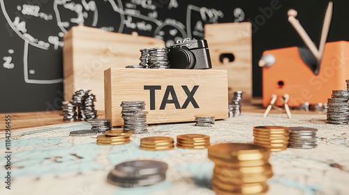 2025 Calendar highlights tax deadlines and coin values. Money, taxes, and finance concept with camera on map