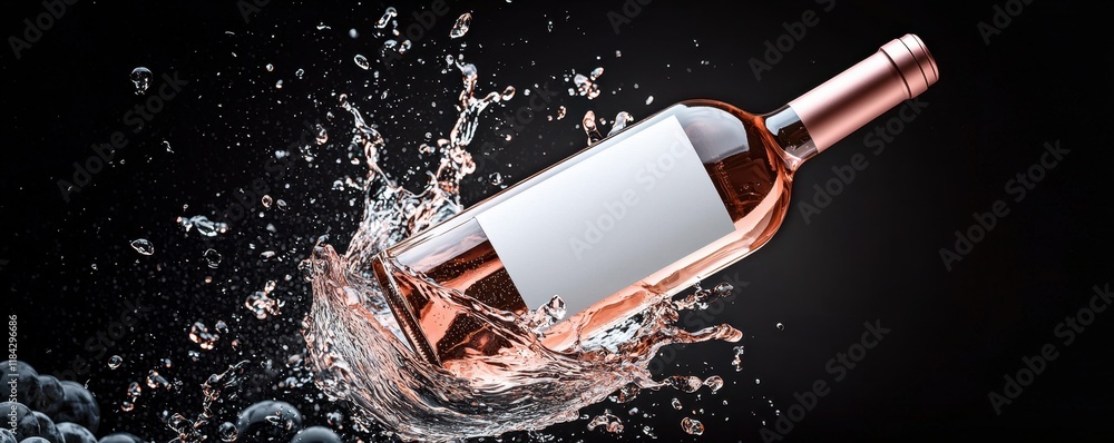 Fototapeta premium Wine bottle with blank label concept for commercial poster. A rose wine bottle splashes in water against a dark background