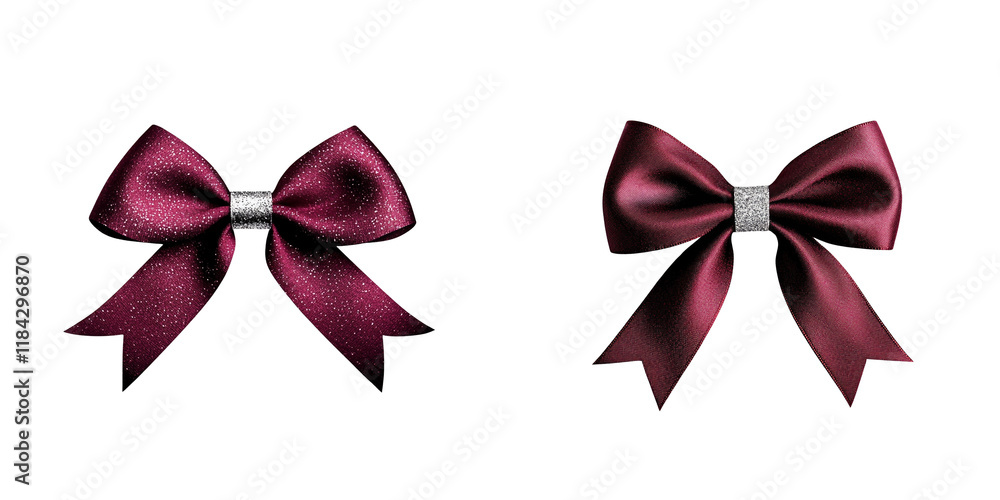 Two elegant maroon bows with decorative embellishments on a transparent background Two elegant maroon bows with decorative embellishments on a transparent background