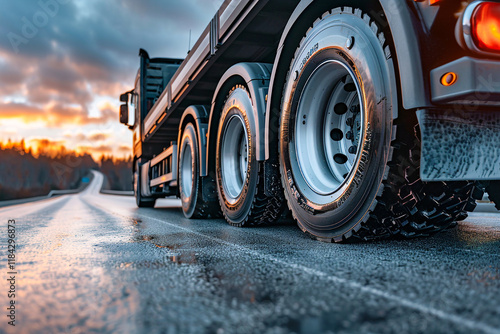 Detailed view of a truck wheel in motion, emphasizing speed, efficiency, and road transportation.
