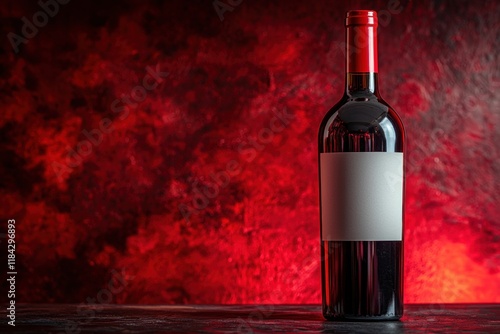 Wine bottle with blank label concept for commercial poster. Red wine bottle with a blank label against a textured red background photo