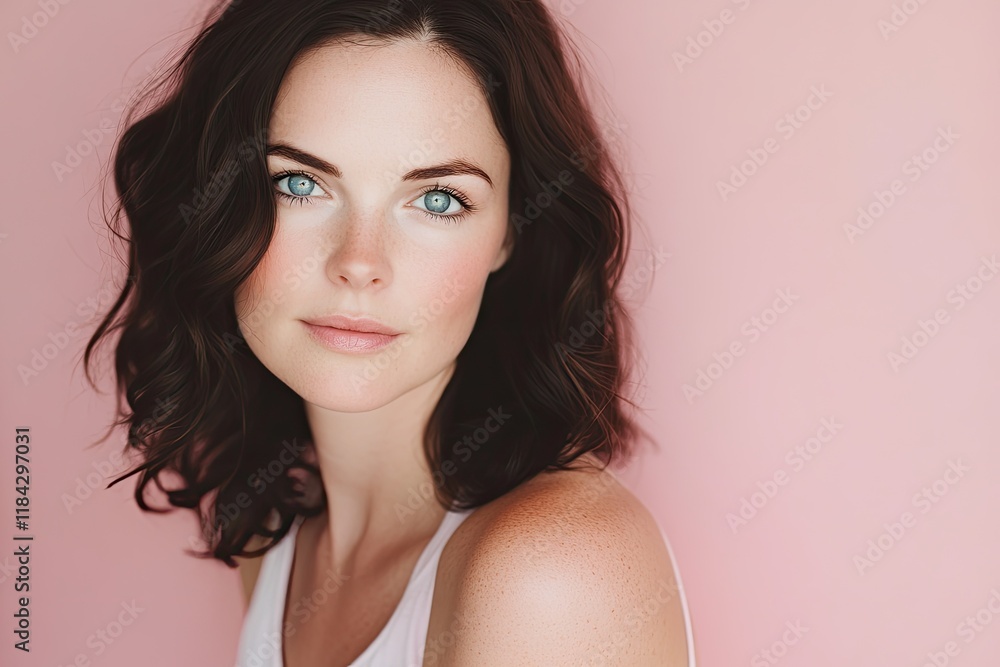 A beautiful woman with blue eyes and brown hair, posing in front of a pink background for a beauty portrait A beautiful woman with blue eyes and brown hair, posing in front of a pink background for a beauty portrait