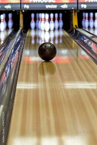 dynamic shot of bowling ball rolling down lane toward neatly arranged pins with motion blur emphasizing speed photo