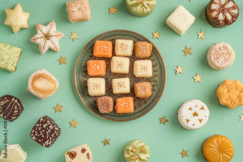 flat lay of traditional eid sweets arranged on decorative plate surrounded by star motifs flat lay of traditional eid sweets arranged on decorative plate surrounded by star motifs