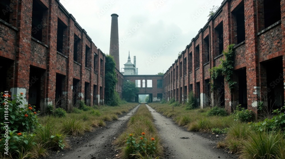 Overgrown Path Between Derelict Brick Buildings of an Abandoned Industrial Complex Overgrown Path Between Derelict Brick Buildings of an Abandoned Industrial Complex