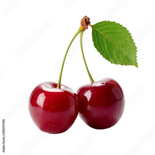 Two red cherries with green stem and leaf
