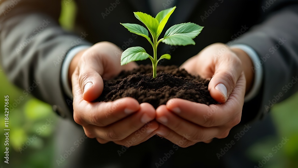 World environment day. Business hands holding green plant together for environment sustainable development goal. Green business company and esg, csr concept. Corporate and community cooperation World environment day. Business hands holding green plant together for environment sustainable development goal. Green business company and esg, csr concept. Corporate and community cooperation