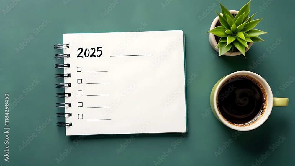 New year resolutions 2025 on desk. 2025 goals list with notebook, coffee cup, plant on wooden table. Resolutions, plan, goals, action, checklist, idea concept. New Year 2025 resolutions, copy space New year resolutions 2025 on desk. 2025 goals list with notebook, coffee cup, plant on wooden table. Resolutions, plan, goals, action, checklist, idea concept. New Year 2025 resolutions, copy space