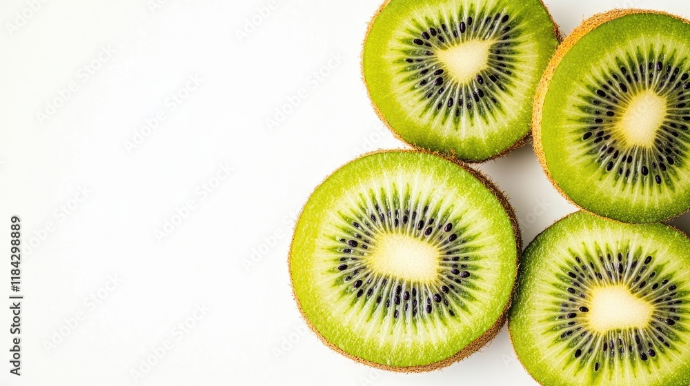 Fototapeta premium halved kiwi fruit with its bright green flesh and black seeds placed on clean white background with ample copy space