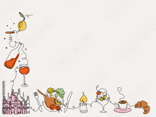 Food and drink theme line art style background. Horizontal still life with attributes of Italian dinner. Delicious dishes and drinks, candle, famous sightseeing. Hand drawn vector illustration.
