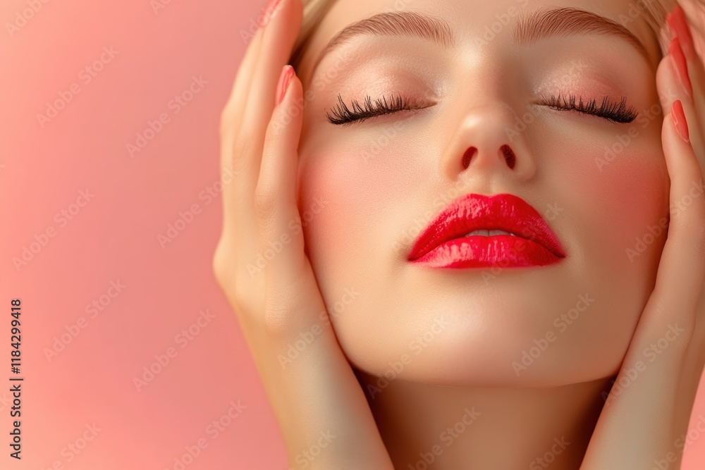A focused individual immersed in study transforming into a confident professional with glowing achievements showcases a person with light blonde hair, red lips, and hands framing the face against a A focused individual immersed in study transforming into a confident professional with glowing achievements showcases a person with light blonde hair, red lips, and hands framing the face against a
