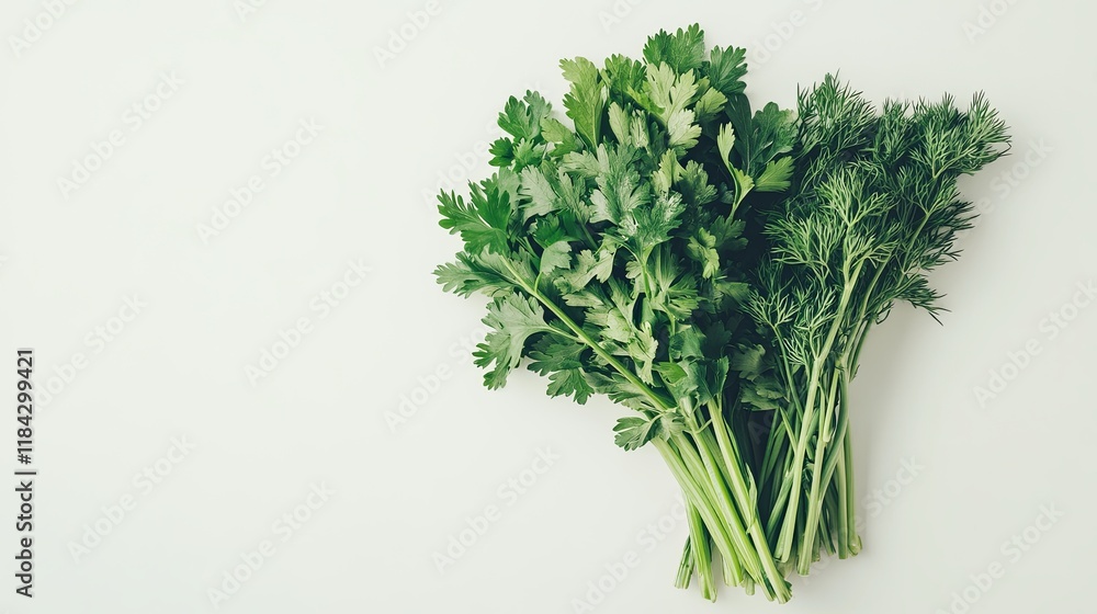 A fresh bundle of herbs (parsley, cilantro, and dill) placed neatly on a clean white background A fresh bundle of herbs (parsley, cilantro, and dill) placed neatly on a clean white background