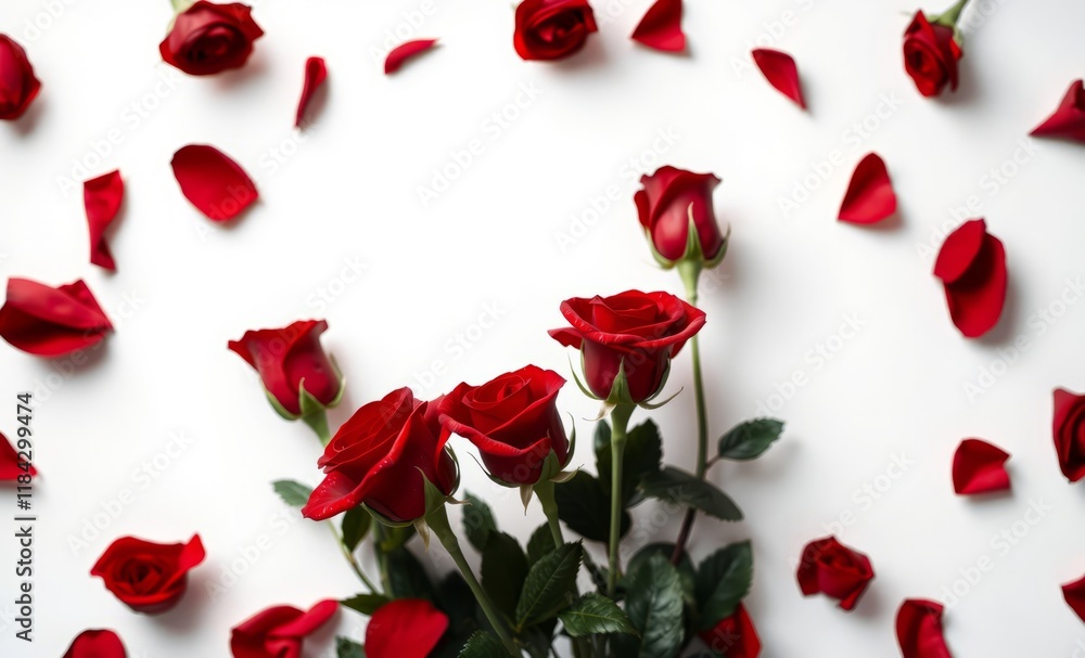 Red roses, scattered rose petals, white background, romantic composition, Valentine's Day theme, high contrast, overhead view, floral arrangement, love symbol, photography, dramatic lighting, close-up Red roses, scattered rose petals, white background, romantic composition, Valentine's Day theme, high contrast, overhead view, floral arrangement, love symbol, photography, dramatic lighting, close-up