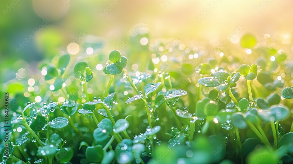 macro shot of microgreen mix with water droplets glistening under soft lighting providing ample copy space on blurred macro shot of microgreen mix with water droplets glistening under soft lighting providing ample copy space on blurred