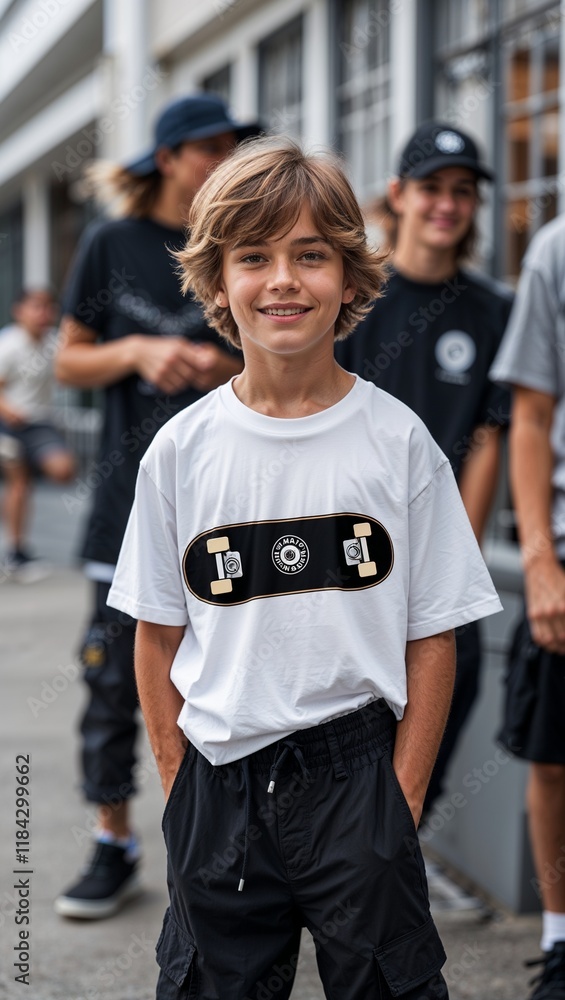 A boy in a white tshirt with a black skateboard graphic and black cargo shortshanging out with friends A boy in a white tshirt with a black skateboard graphic and black cargo shortshanging out with friends