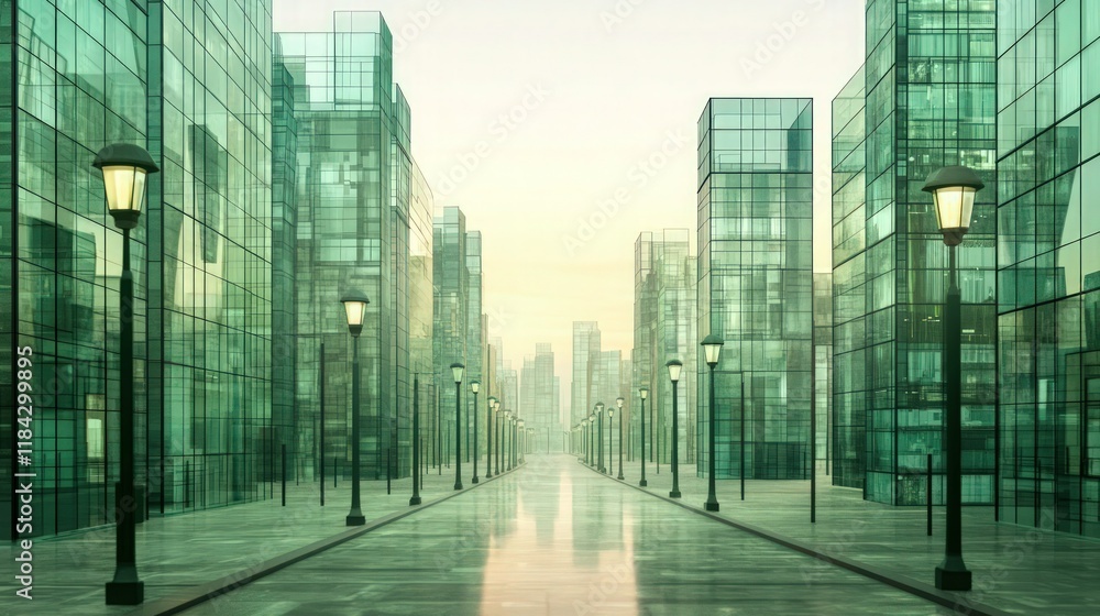 A sprawling animated city scene with wide avenues, towering glass buildings in shades of green, and sleek lamp posts reflecting the city lights. A sprawling animated city scene with wide avenues, towering glass buildings in shades of green, and sleek lamp posts reflecting the city lights.