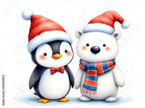 Cute penguin and polar bear in santa hats with winter attire