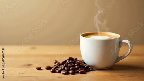 Aromatic Coffee in a White Mug with Roasted Beans on a Wooden Table