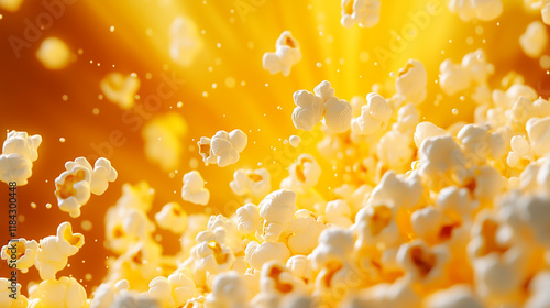 Close-up of freshly popped popcorn flying in the air against a golden background.