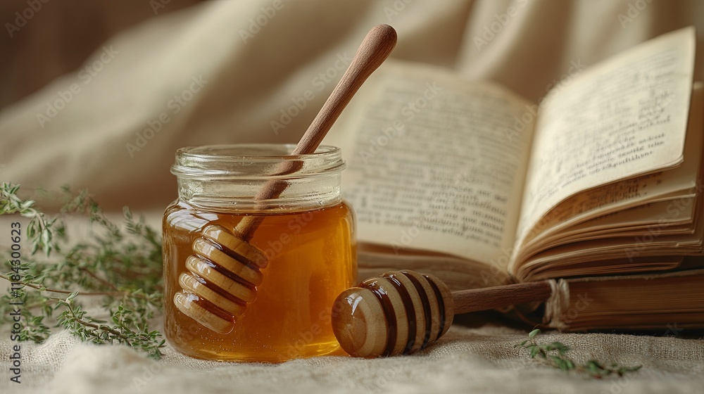A glass jar of honey with a wooden dipper surrounded by fresh herbs on a soft beige background A glass jar of honey with a wooden dipper surrounded by fresh herbs on a soft beige background