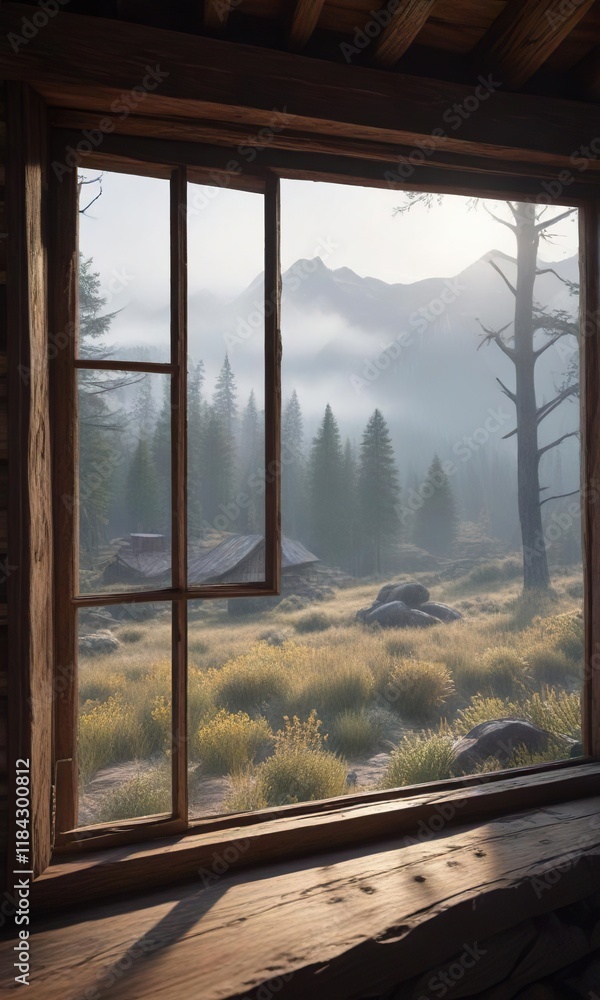 Fototapeta premium Rustic cabin window looking out at a misty morning in the mountains, scenery, mountains