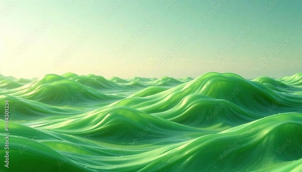 Thick green silk waves merging with the horizon, calming ambiance , flowing fabric Thick green silk waves merging with the horizon, calming ambiance , flowing fabric